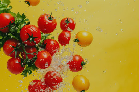 A cluster of red and yellow tomatoes splashing in water against a bright yellow background.の素材