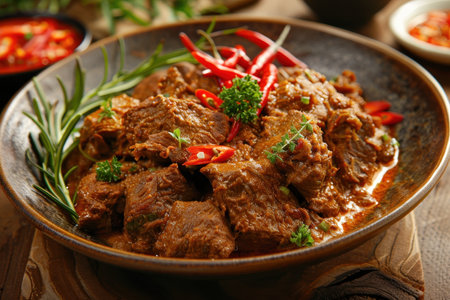 A close-up of a flavorful beef stew in a rustic brown dish, garnished with fresh herbs and red chili peppers.の素材