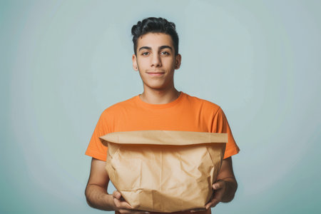 A young man in a casual orange t-shirt holds a brown paper bag in front of him.の素材