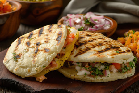 Two grilled flatbread sandwiches with toppings, featuring tomatoes, onions, cilantro, and cheese, are presented on a rustic wooden board.の素材