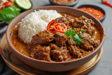A close-up of a bowl of beef curry served with white rice, garnished with red peppers and cilantro.の素材
