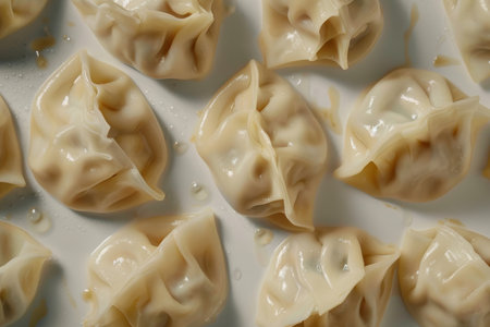 A close-up image showcases several plump, steamed dumplings resting on a white plate, their translucent wrappers glistening with moisture and oil.の素材