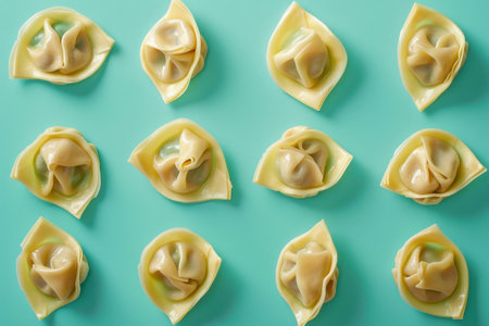A close-up view of twelve uncooked wontons arranged on a turquoise surface.の素材