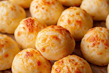 A close-up image of several golden brown cheese bread rolls with a soft, fluffy texture.の素材