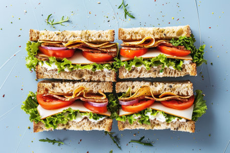 Four gourmet sandwiches featuring sliced tomatoes, cheese, and lettuce on multigrain bread, presented on a blue background.の素材
