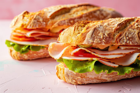 Two turkey and tomato sandwiches on a pink surface, close-up.の素材