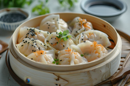 Steamed dumplings topped with black sesame seeds and orange fish roe, presented in a traditional bamboo steamer.の素材