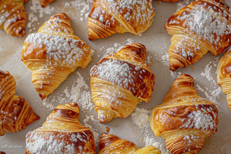 A close-up view of a group of freshly baked croissants, dusted with powdered sugar, on a white surface.の素材