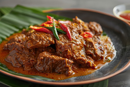 A close-up of a spicy beef curry with green chilies on a black plate.の素材