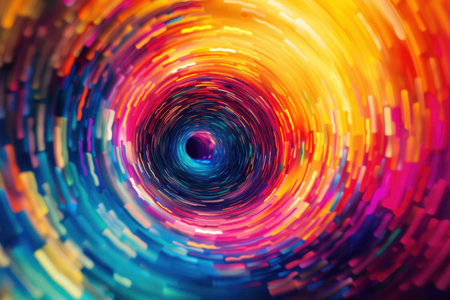An abstract digital artwork featuring a swirling tunnel of brightly colored light streaks, creating a mesmerizing and dynamic visual effect.の素材