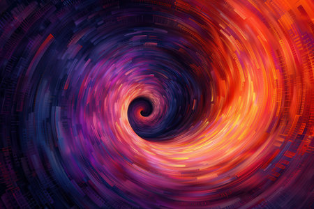 A swirling abstract pattern with vivid hues, radiating from a black center.の素材