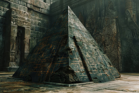 A weathered stone pyramid with intricate carvings and designs, situated in a dark, ancient, and forgotten ruin.の素材