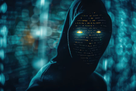 A shadowy figure with glowing eyes and digital code covering their faceの素材
