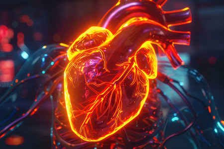 A close-up view of a stylized, glowing red human heart in the chest cavity of a cyborg.の素材