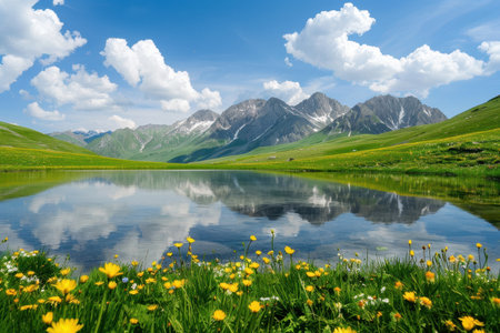 A serene mountain lake reflecting a blue sky with fluffy clouds and surrounded by lush green grass and yellow wildflowers.の素材