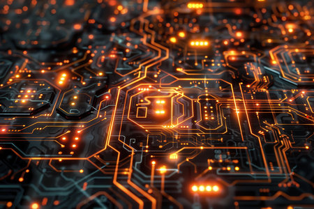 A close-up shot of a circuit board with illuminated traces and connectors, showcasing the intricate details of modern electronics.の素材