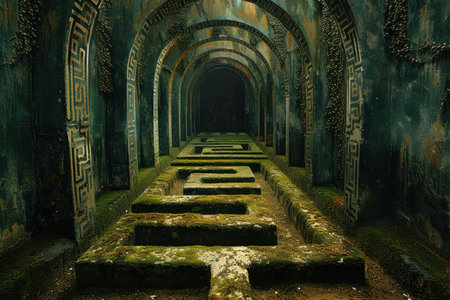 A moss-covered pathway leads through a series of arches in an ancient, overgrown structure.の素材