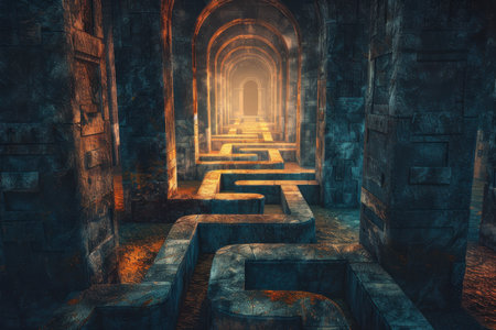 A stone maze with an arched entrance leading to a glowing light source at the end of a long, dark corridor.の素材
