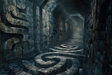 A dark, winding passageway with stone walls and a light at the end.の素材