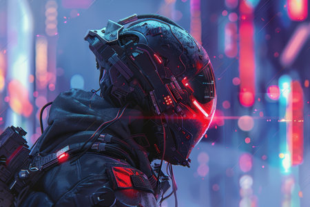 A futuristic cyborg stands against a neon-lit cityscape with a detailed helmet and a rain-soaked texture.の素材