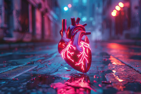A detailed anatomical heart model with glowing pink veins, positioned on a wet urban street at night.の素材