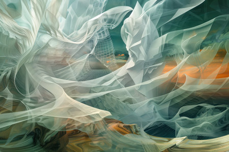 A digital abstract artwork featuring layered, swirling shapes in a variety of soft and vibrant colors.の素材