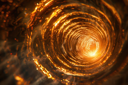 A close-up view of an abstract spiral tunnel with a glowing center, rendered in orange and black with a smoky haze.の素材