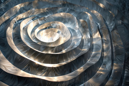 A close-up view of an abstract metallic spiral with intricate patterns and light and shadow interplay.の素材
