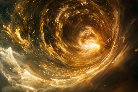 A swirling abstract image of golden light and sparkles, creating a mesmerizing vortex effect.の素材
