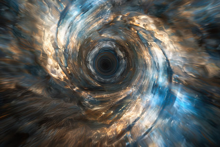 A swirling abstract vortex with a black hole at its center, surrounded by luminous blue and gold hues.の素材