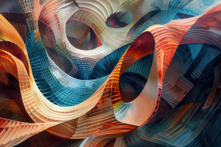 An abstract artwork featuring curved grids in vibrant blue, red, yellow, and white tones.の素材