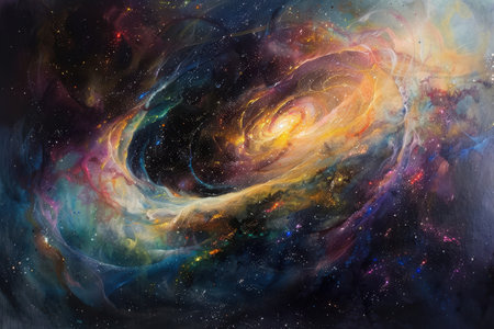 A vibrant, abstract painting depicting a swirling cosmic nebula with bright colors and scattered stars.の素材