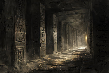 The image depicts a narrow, dusty corridor in an ancient Egyptian tomb, with carved pillars lined up on each side, leading towards a distant light at the end.の素材