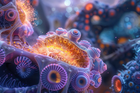 A detailed, colorful abstract image of a bioluminescent organism with a glowing network of connections.の素材