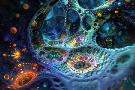 A digital illustration depicting a cosmic cave with intricate patterns, a glowing orb, and a color scheme of blue, purple, green, orange, and yellow.の素材