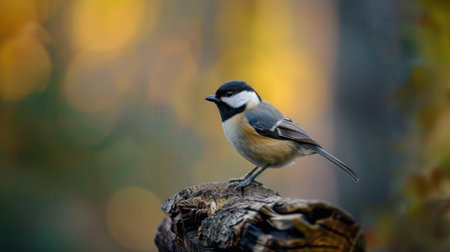 A small, grey, black, and white bird with a long tail perches on a dead branch against a blurry background.の素材