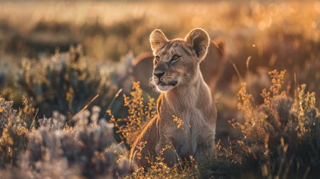A young lion cub sits in a field of tall grass, looking out at the golden sunset.の素材