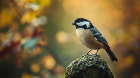 A black-capped chickadee perched on a mossy stump in a forest setting.の素材
