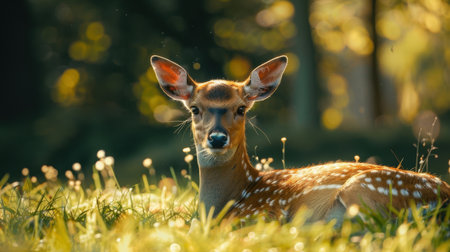 A young fawn with white spots lies in tall green grass, looking directly at the camera with a peaceful expression. The background is blurred, creating a bokeh effect.の素材