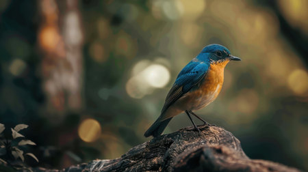 A small blue and orange bird perches on a branch in a lush green forest, captured in a close-up shot that highlights its vibrant colors and detailed feathers.の素材