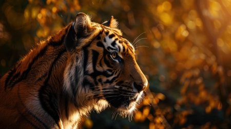 A close-up image of a tiger&#39;s head in profile, with a golden bokeh background creating a sense of warmth and mystery.の素材