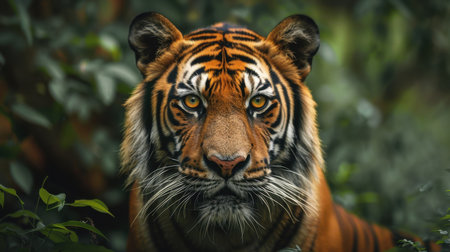 A close-up portrait of a tiger&#39;s face, showcasing its intense gaze and striking features, surrounded by a blurred background of lush green foliage.の素材