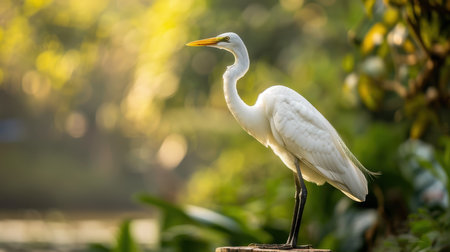A white egret stands gracefully on a branch with a backdrop of green foliage.の素材