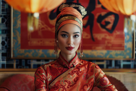 A woman in a traditional Chinese dress and headpiece looks directly at the camera with a serious expression.の素材