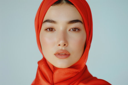 A woman&#39;s face framed by a bright red scarf, capturing a close-up view of her features.の素材