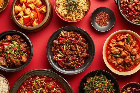 A spread of various Chinese dishes featuring spicy flavors, red chili peppers, and green onions.の素材