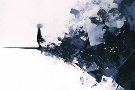 A solitary figure stands on the edge of a vast, abstract world composed of shattered, angular shapes.の素材