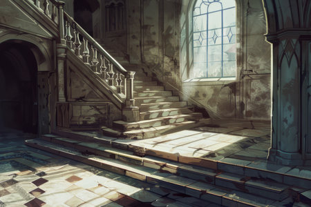 A sunbeam shines through a window onto a worn stone staircase in an old, crumbling building.の素材