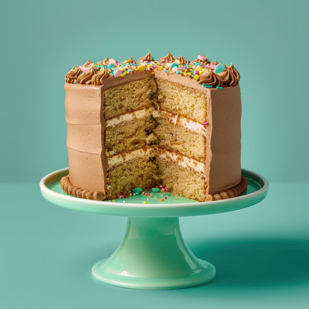 A chocolate cake with sprinkles and a chocolate frosting, cut in half, on a green pedestal.の素材