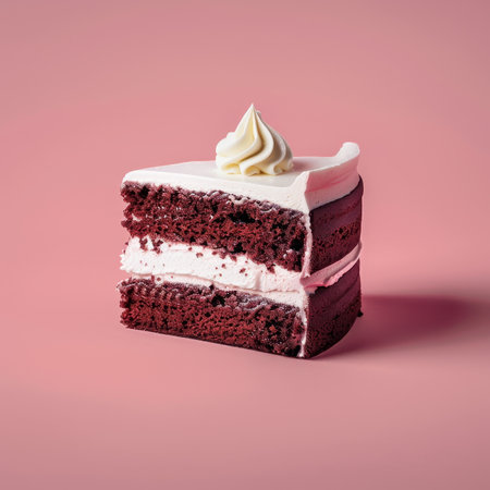 A single slice of red velvet cake with white frosting on a plain pink background.の素材